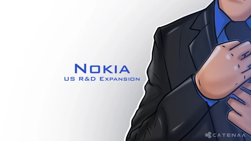 Nokia headquarters with U.S. flag overlay, symbolizing $4B investment in AI-driven and quantum-safe network R&D