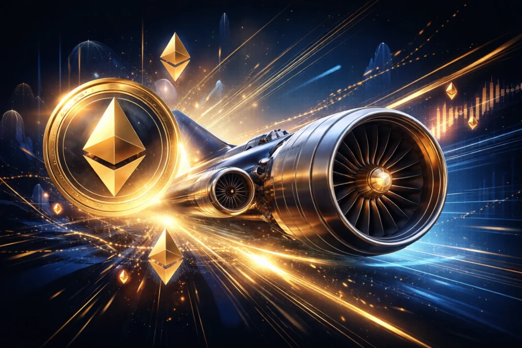 ETHZilla Ethereum pivot concept showing a jet engine and digital token