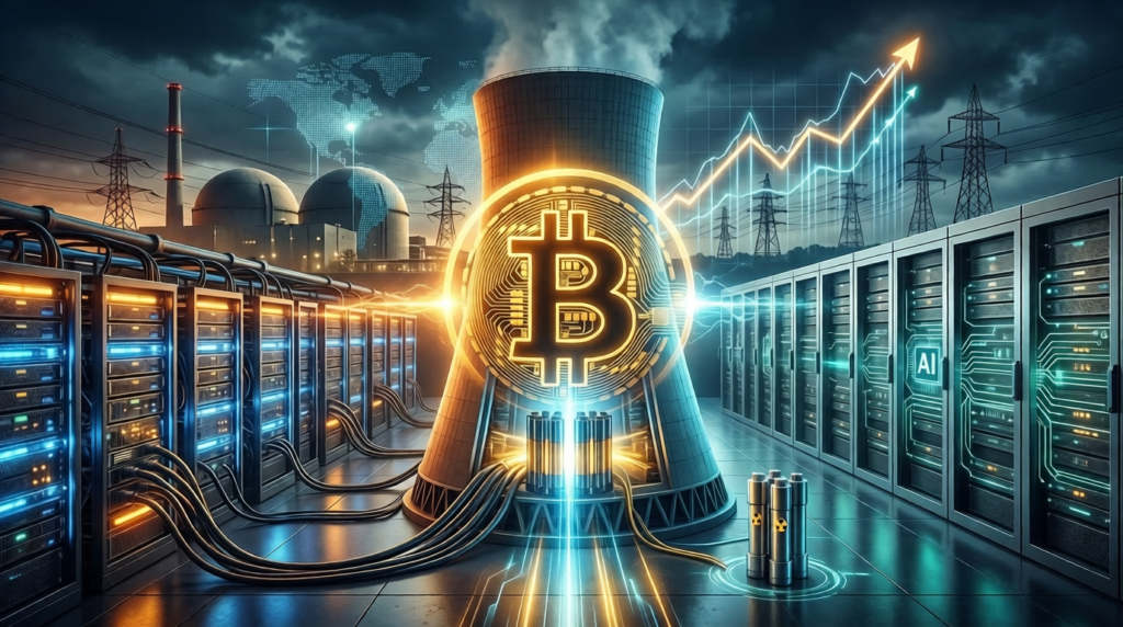 Bitcoin mining facility powered by nuclear energy with industrial cooling towers and server racks in the background