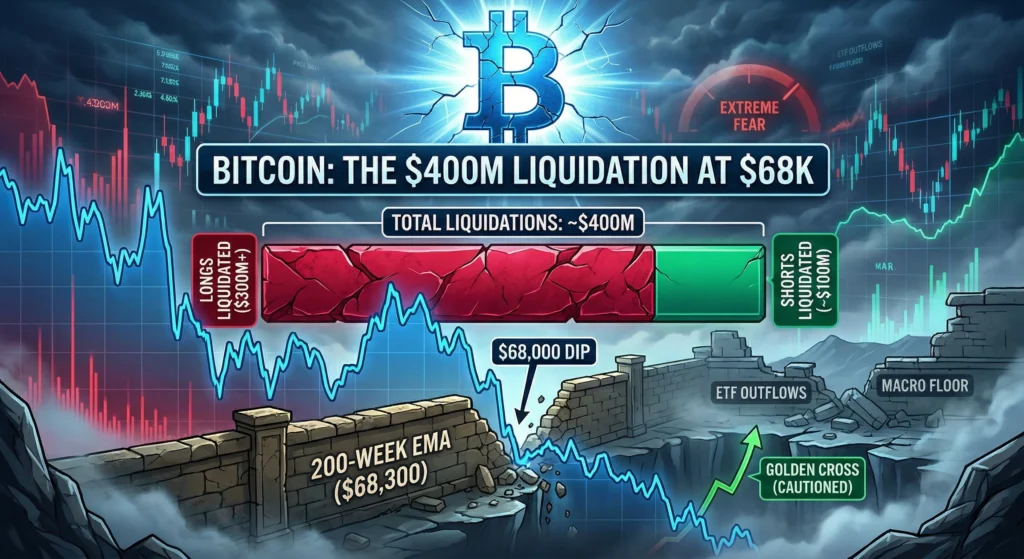 Bitcoin price chart showing drop to $68,000 with $400 million in crypto liquidations highlighted