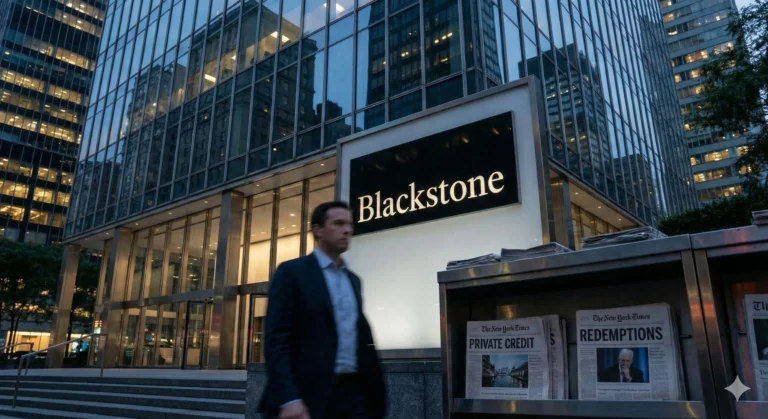 The cinematic image of the Blackstone building with the newsstand.