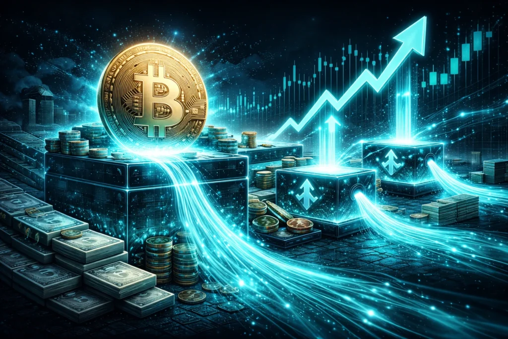 Crypto fund inflows surge as Bitcoin ETF demand rises, with glowing bitcoin, capital streams