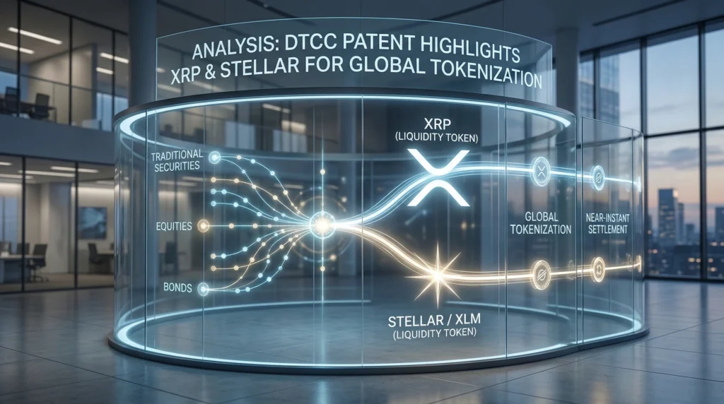 A futuristic glass display showing the DTCC patent framework using XRP and Stellar for global tokenization and near-instant settlement.