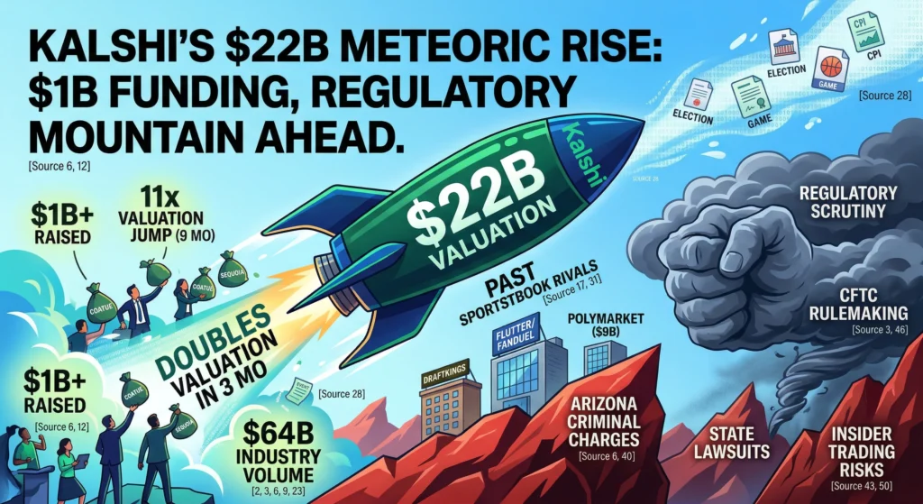 Kalshi prediction market platform valuation chart showing growth from $2 billion to $22 billion in 2025–2026