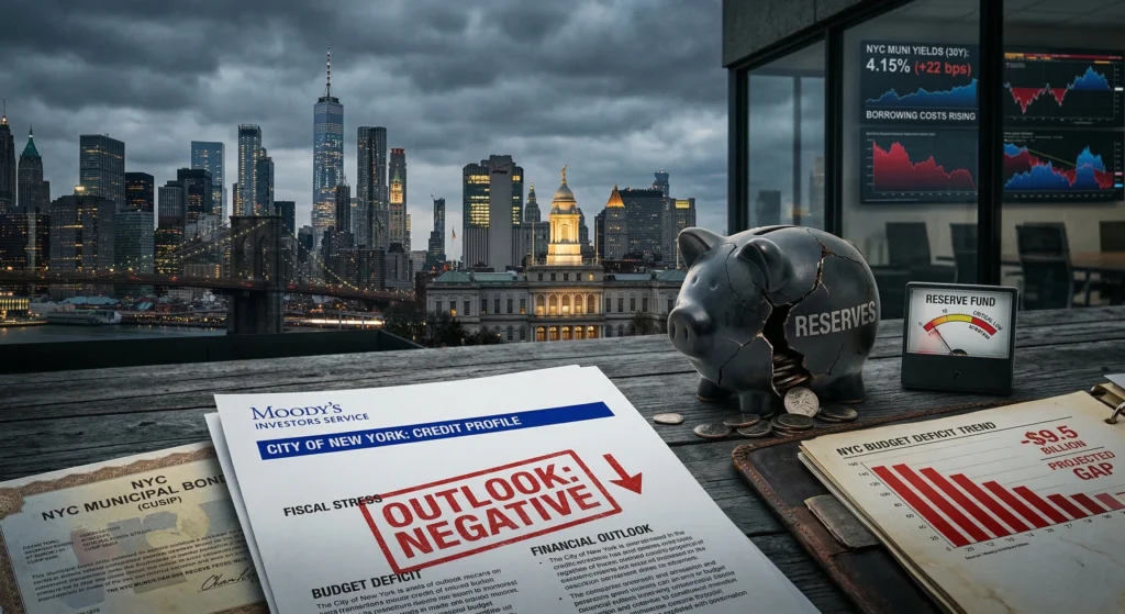 New York City skyline with financial district buildings representing NYC credit outlook negative by Moody’s