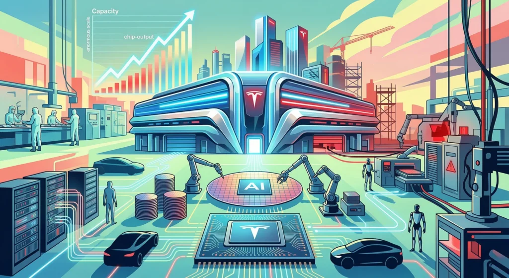 Tesla Terafab AI chip factory semiconductor fabrication facility concept rendering