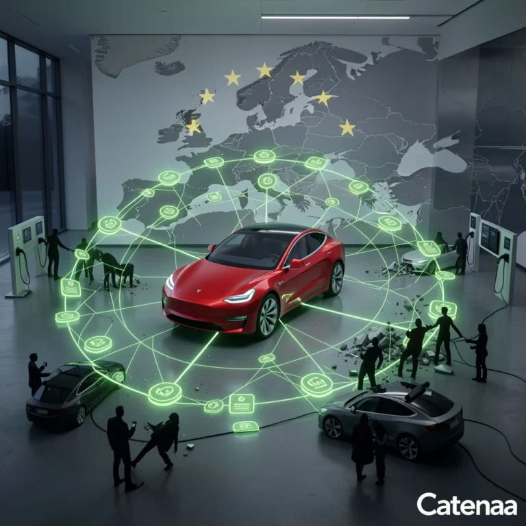 Tesla electric vehicles parked outside a European charging station representing the EU carbon credit pool