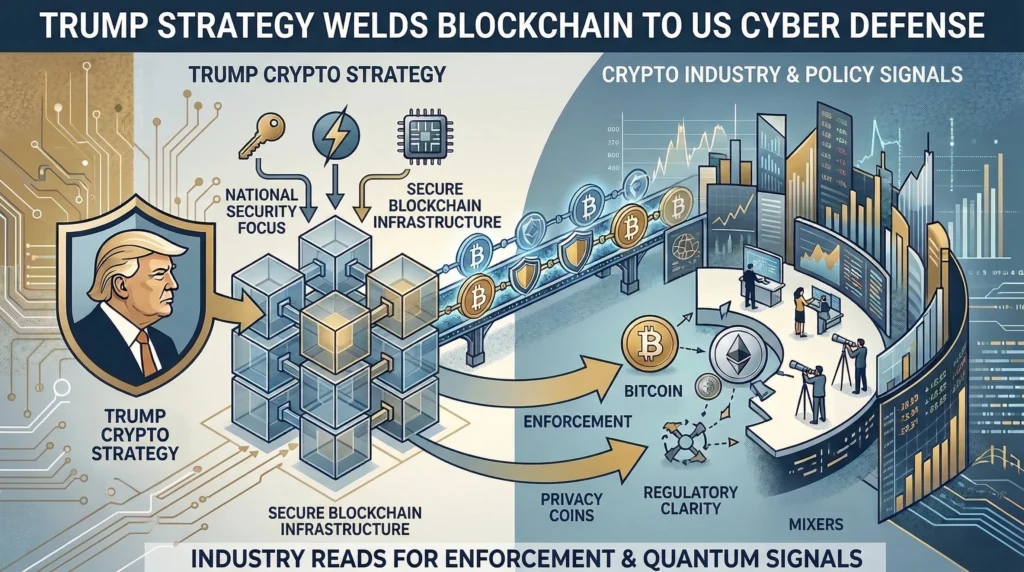 Trump crypto strategy integrating secure blockchain infrastructure with US cyber defense, highlighting privacy coins and regulatory signals.