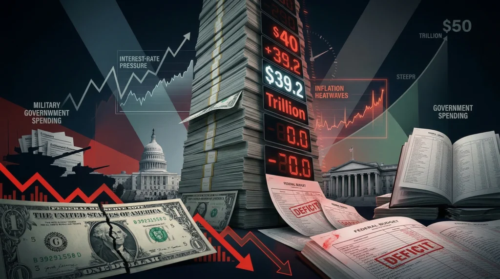 US national debt chart showing $39 trillion milestone reached in March 2026