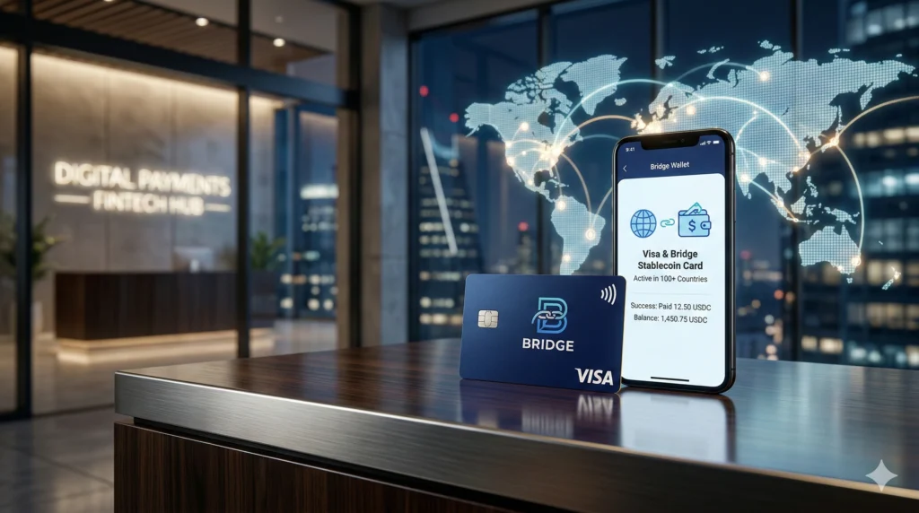 A Visa and Bridge stablecoin payment card next to a smartphone showing a digital wallet and a glowing global map.