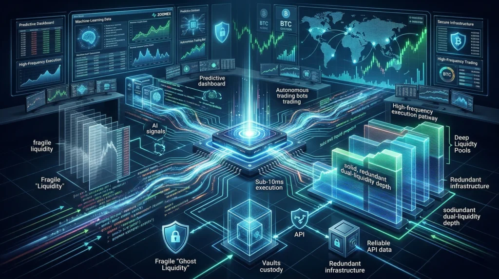 Zoomex AI trading liquidity infrastructure dashboard showing dual-pool order book depth and real-time execution metrics for algorithmic crypto trading