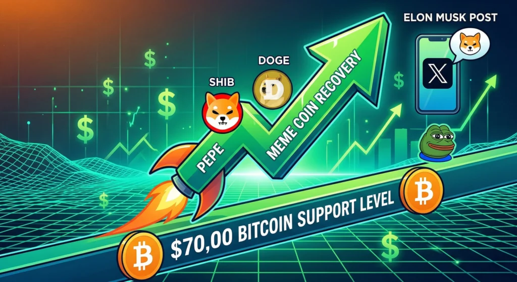 Meme coin price prediction chart for DOGE, SHIB, and PEPE as Bitcoin holds $70K support in March 2026