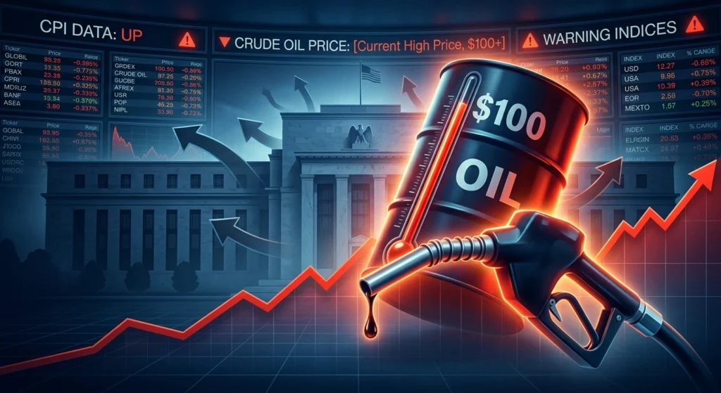 Crude oil barrel next to a rising inflation chart showing the impact of oil prices on U.S. consumer prices