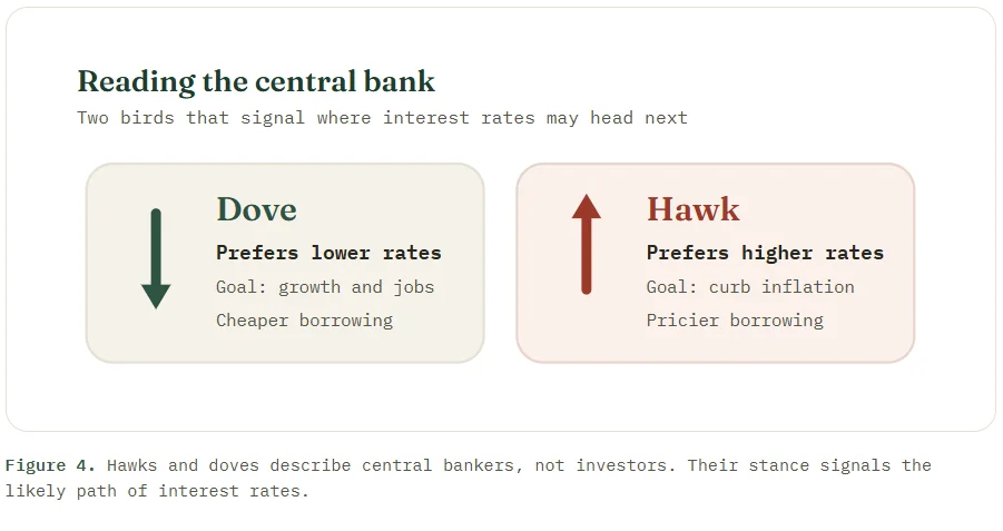 Hawks and doves describe central bankers, not investors. Their stance signals the likely path of interest rates.
