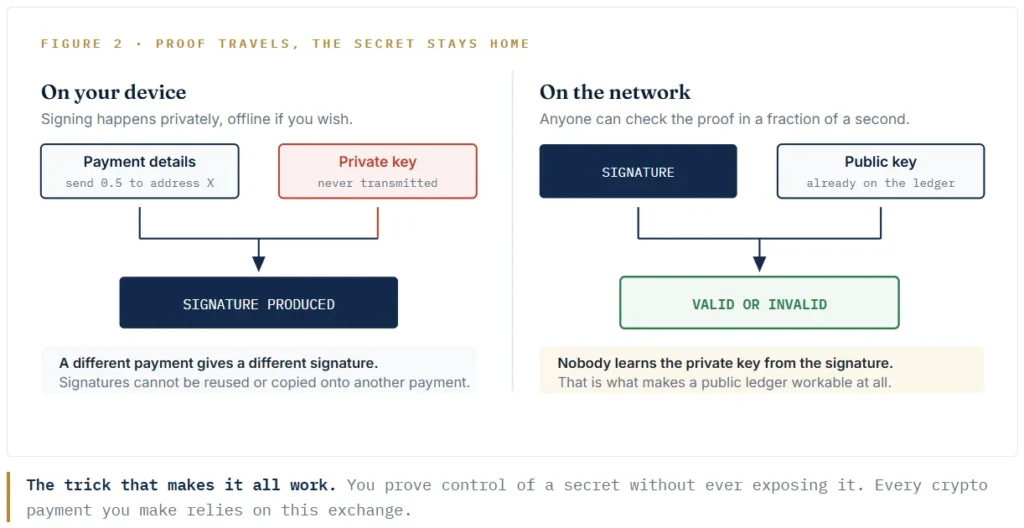 The trick that makes it all work. You prove control of a secret without ever exposing it. Every crypto payment you make relies on this exchange.