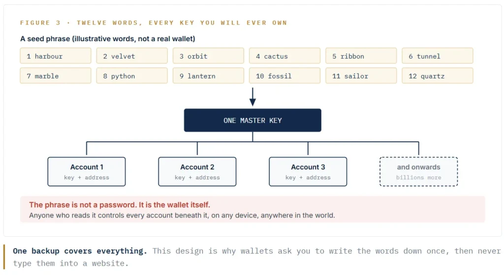 One backup covers everything. This design is why wallets ask you to write the words down once, then never type them into a website.